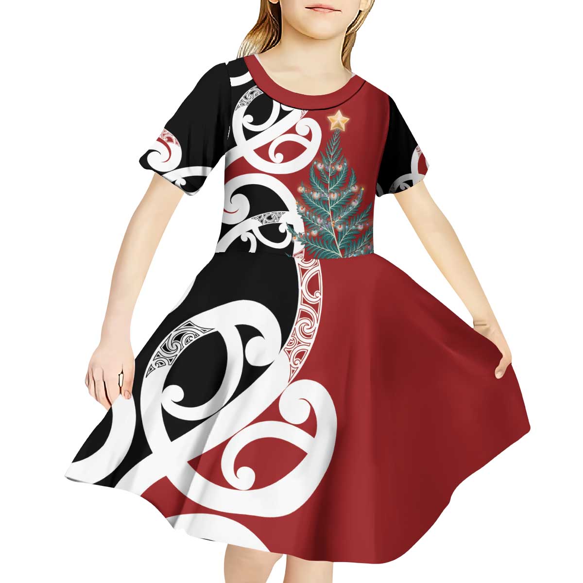 New Zealand Silver Fern Christmas Tree Kid Short Sleeve Dress Meri Kirihimete - Aussie Hoodie