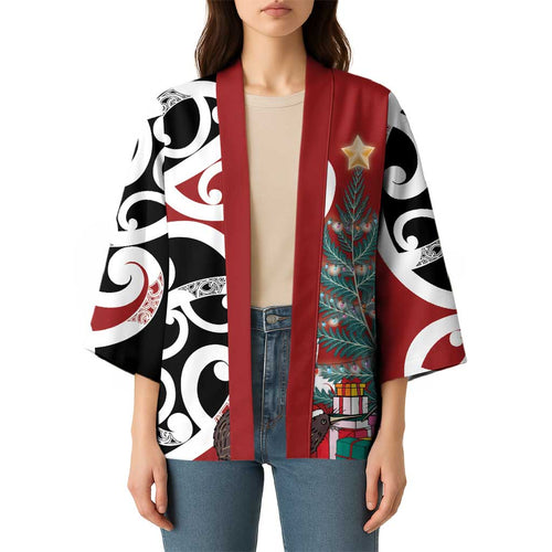 New Zealand Silver Fern Christmas Tree Kimono Meri Kirihimete - Aussie Hoodie