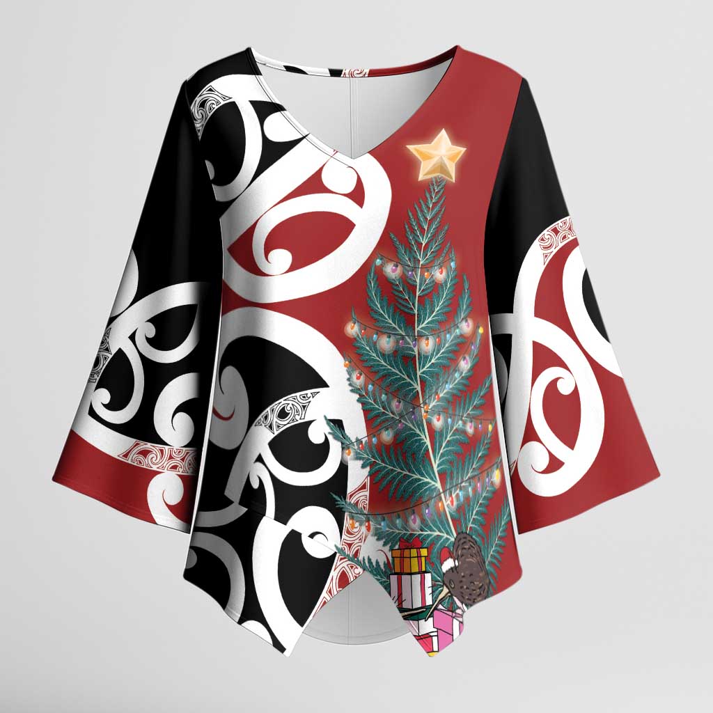 New Zealand Silver Fern Christmas Tree Kimono Sleeve Blouse Meri Kirihimete - Aussie Hoodie
