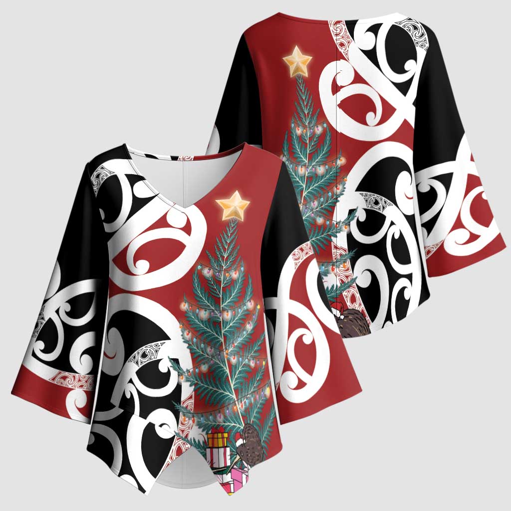 New Zealand Silver Fern Christmas Tree Kimono Sleeve Blouse Meri Kirihimete - Aussie Hoodie