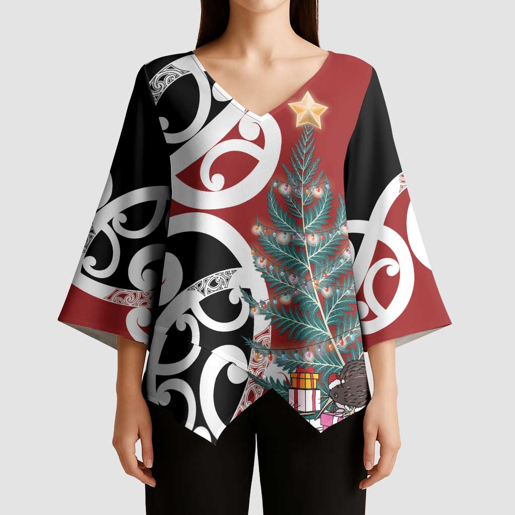 New Zealand Silver Fern Christmas Tree Kimono Sleeve Blouse Meri Kirihimete - Aussie Hoodie