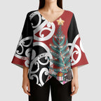 New Zealand Silver Fern Christmas Tree Kimono Sleeve Blouse Meri Kirihimete - Aussie Hoodie