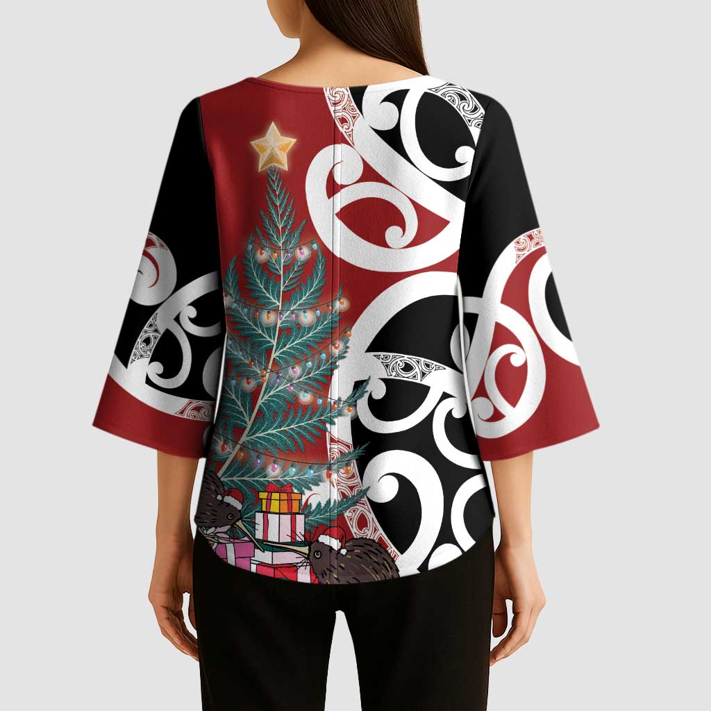 New Zealand Silver Fern Christmas Tree Kimono Sleeve Blouse Meri Kirihimete - Aussie Hoodie