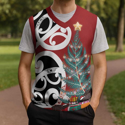New Zealand Silver Fern Christmas Tree Christmas Knitted V-Neck Vest Meri Kirihimete - Aussie Hoodie