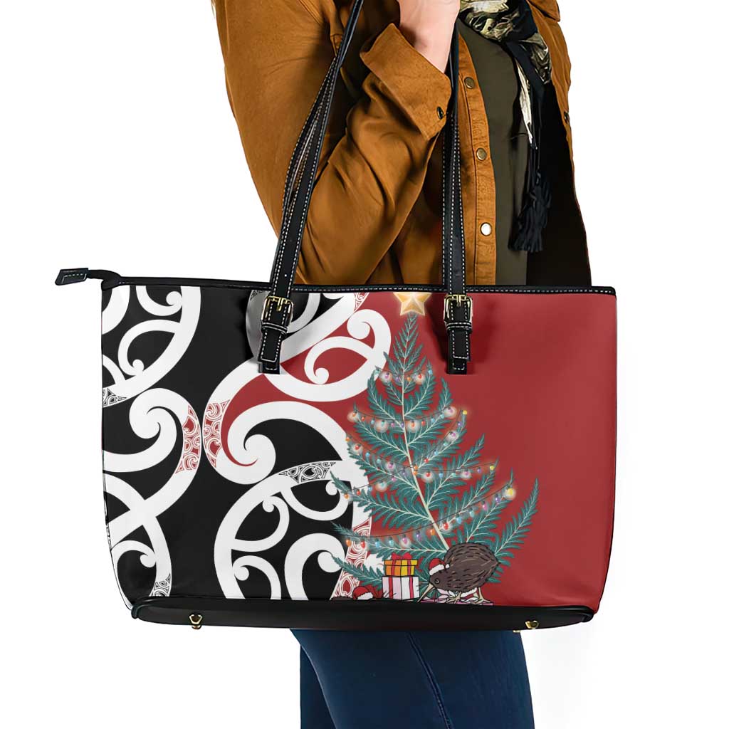 New Zealand Silver Fern Christmas Tree Leather Tote Bag Meri Kirihimete - Aussie Hoodie