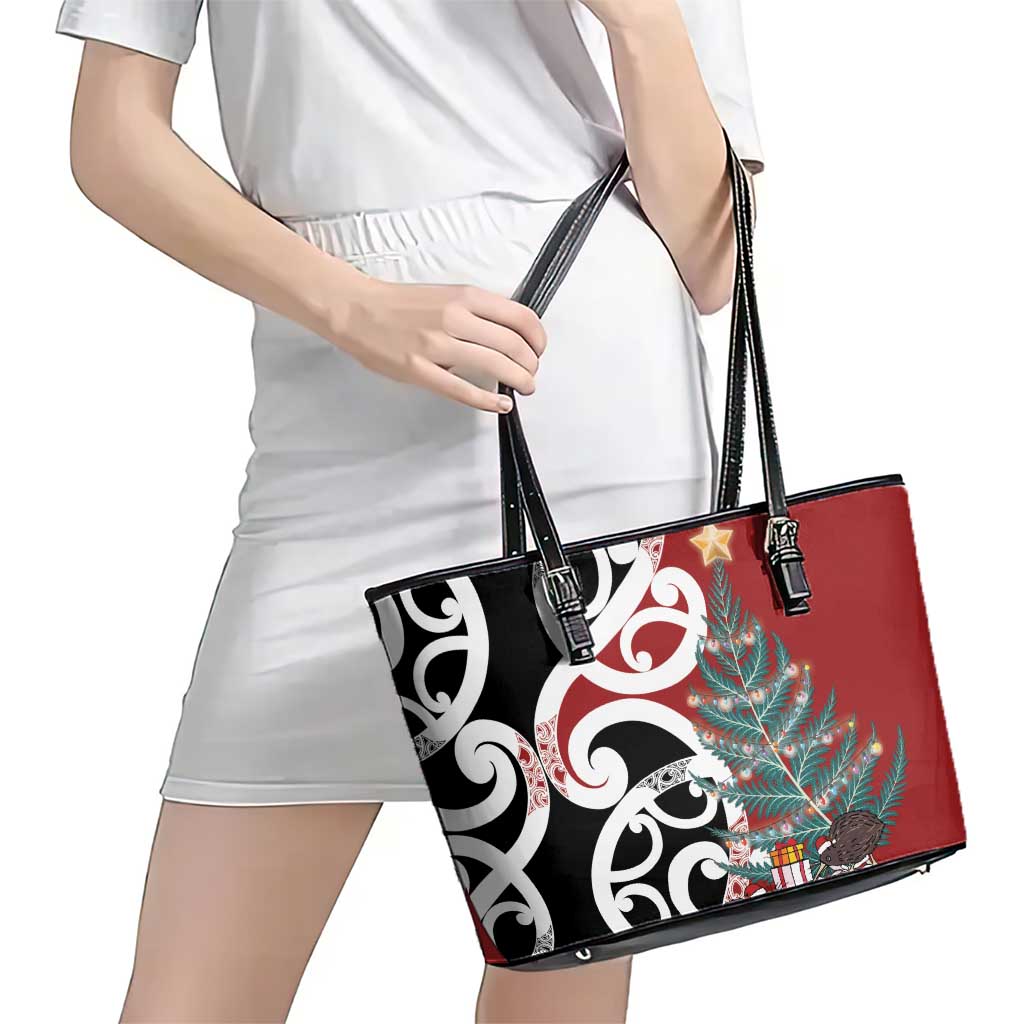 New Zealand Silver Fern Christmas Tree Leather Tote Bag Meri Kirihimete - Aussie Hoodie
