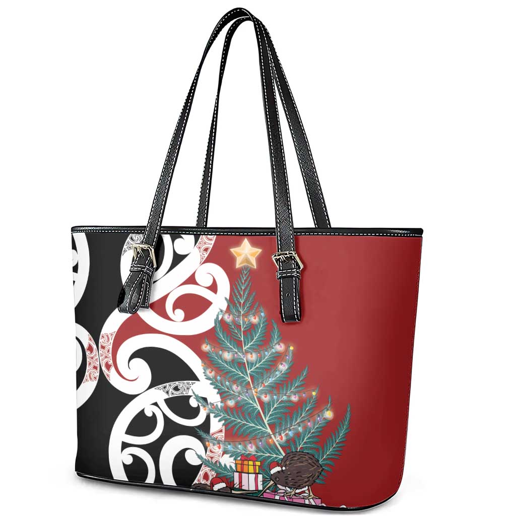 New Zealand Silver Fern Christmas Tree Leather Tote Bag Meri Kirihimete - Aussie Hoodie