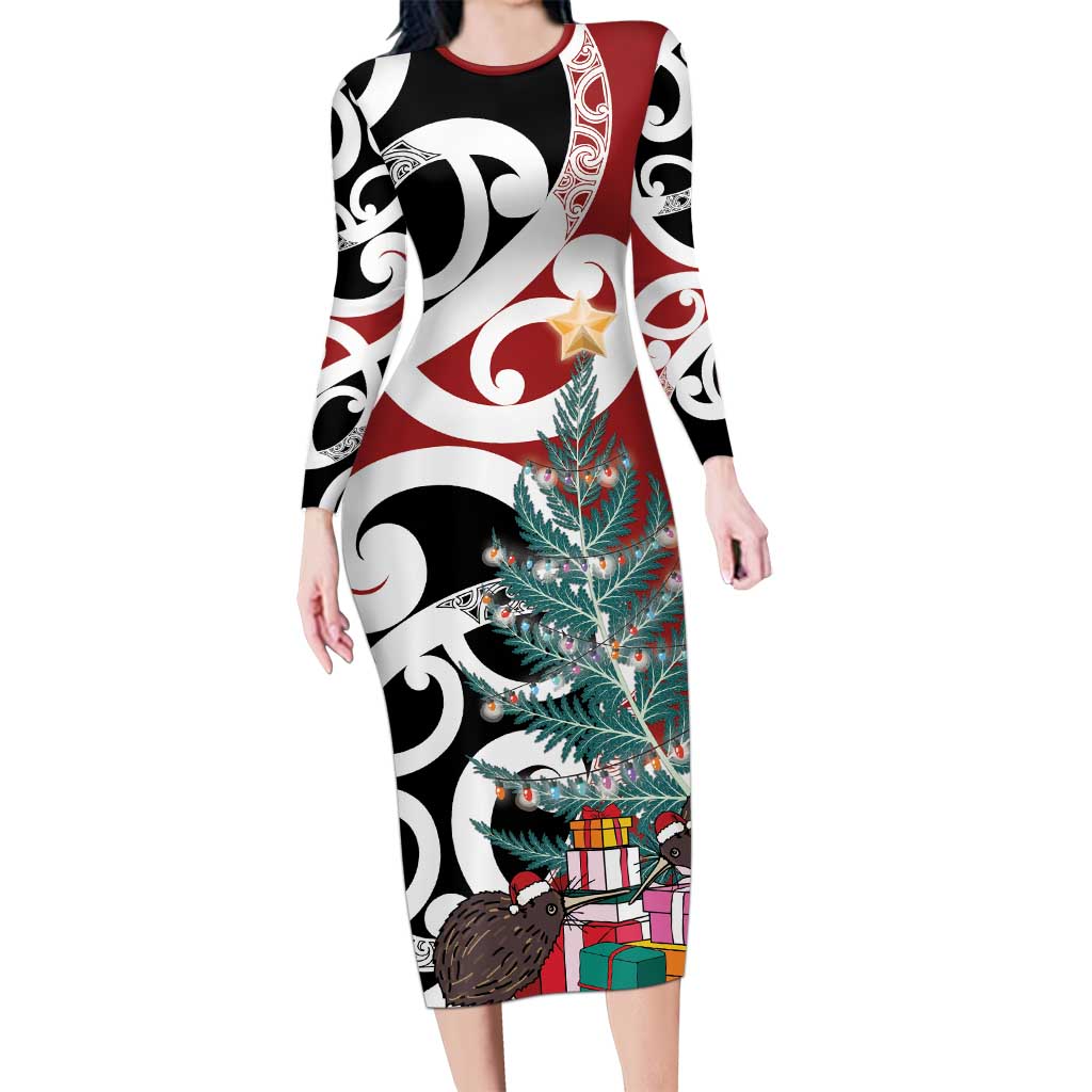 New Zealand Silver Fern Christmas Tree Long Sleeve Bodycon Dress Meri Kirihimete - Aussie Hoodie