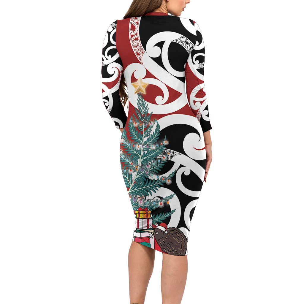 New Zealand Silver Fern Christmas Tree Long Sleeve Bodycon Dress Meri Kirihimete - Aussie Hoodie