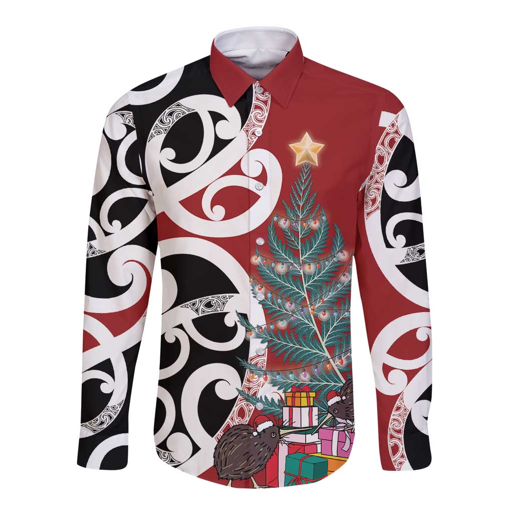 New Zealand Silver Fern Christmas Tree Long Sleeve Button Shirt Meri Kirihimete - Aussie Hoodie