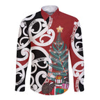 New Zealand Silver Fern Christmas Tree Long Sleeve Button Shirt Meri Kirihimete - Aussie Hoodie