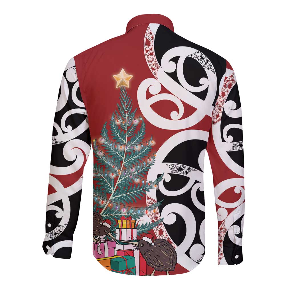 New Zealand Silver Fern Christmas Tree Long Sleeve Button Shirt Meri Kirihimete - Aussie Hoodie