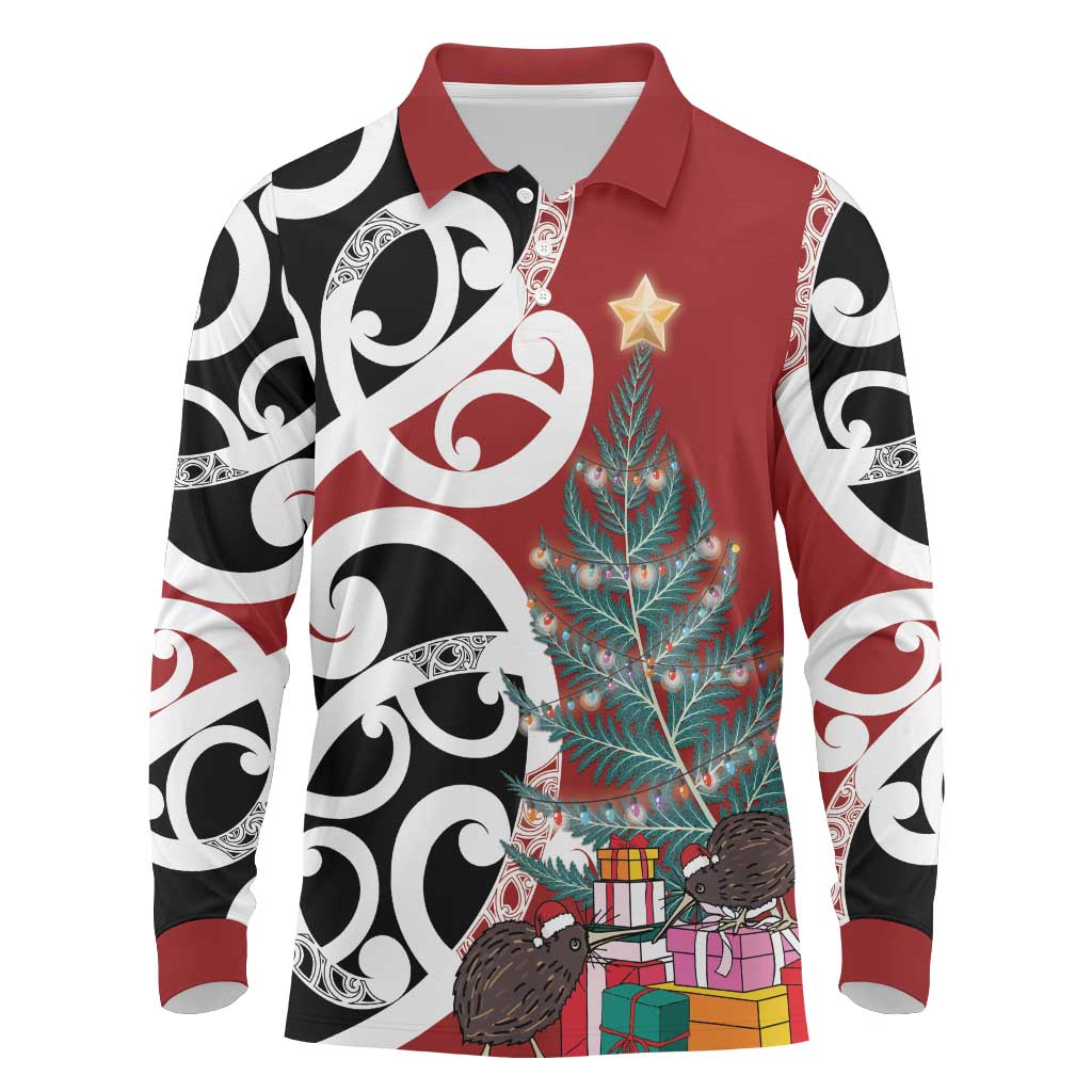 New Zealand Silver Fern Christmas Tree Long Sleeve Polo Shirt Meri Kirihimete - Aussie Hoodie