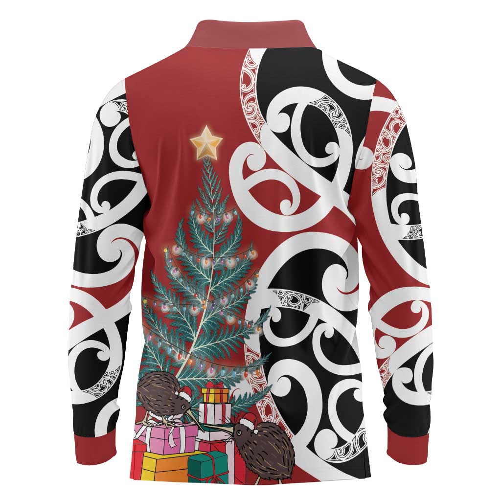 New Zealand Silver Fern Christmas Tree Long Sleeve Polo Shirt Meri Kirihimete - Aussie Hoodie