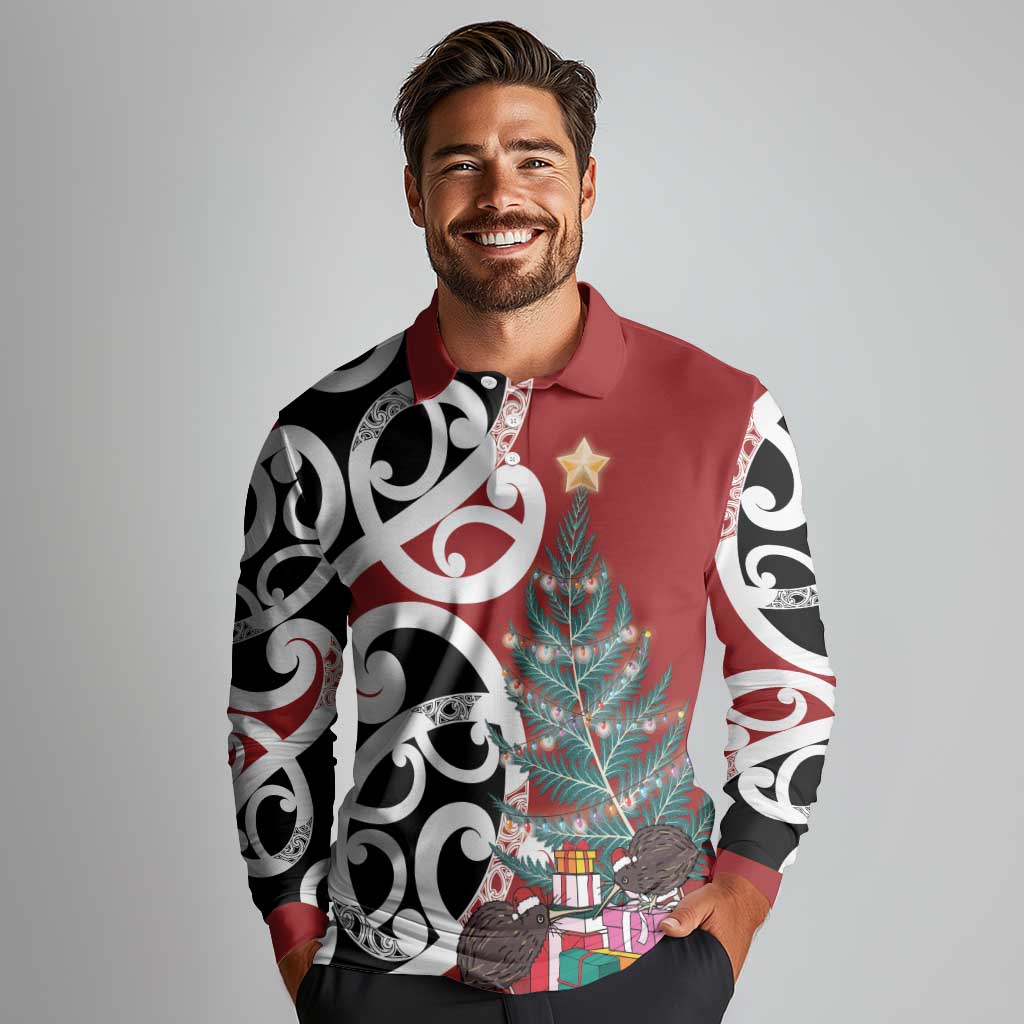 New Zealand Silver Fern Christmas Tree Long Sleeve Polo Shirt Meri Kirihimete - Aussie Hoodie