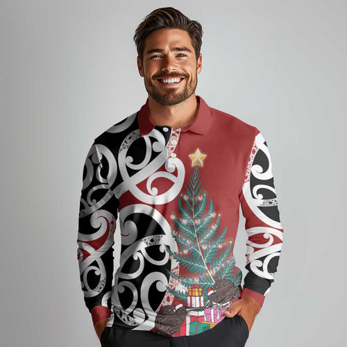 New Zealand Silver Fern Christmas Tree Long Sleeve Polo Shirt Meri Kirihimete - Aussie Hoodie