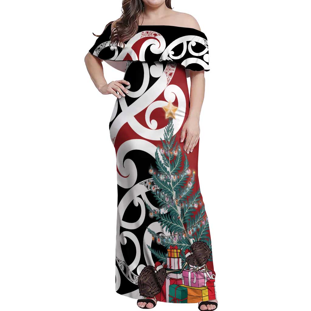 New Zealand Silver Fern Christmas Tree Off Shoulder Maxi Dress Meri Kirihimete - Aussie Hoodie