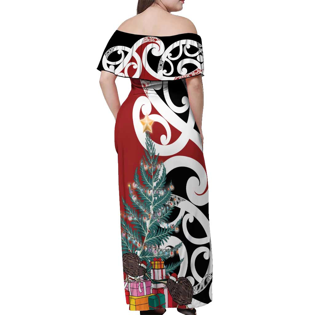 New Zealand Silver Fern Christmas Tree Off Shoulder Maxi Dress Meri Kirihimete - Aussie Hoodie