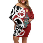 New Zealand Silver Fern Christmas Tree Off Shoulder Short Dress Meri Kirihimete - Aussie Hoodie