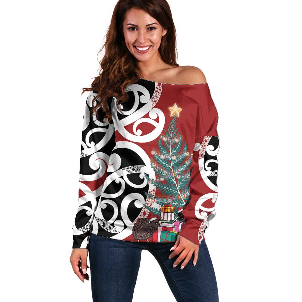 New Zealand Silver Fern Christmas Tree Off Shoulder Sweater Meri Kirihimete - Aussie Hoodie
