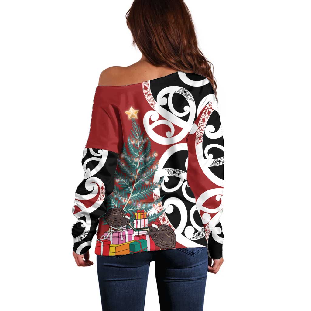 New Zealand Silver Fern Christmas Tree Off Shoulder Sweater Meri Kirihimete - Aussie Hoodie