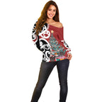 New Zealand Silver Fern Christmas Tree Off Shoulder Sweater Meri Kirihimete - Aussie Hoodie