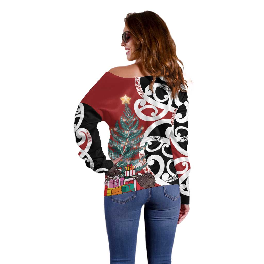 New Zealand Silver Fern Christmas Tree Off Shoulder Sweater Meri Kirihimete - Aussie Hoodie