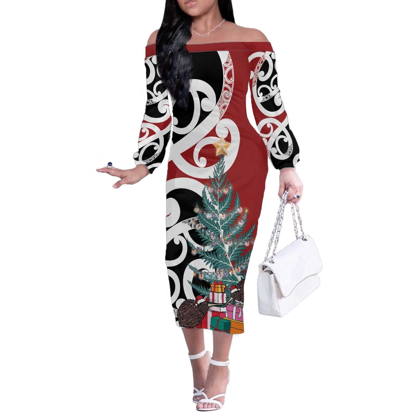 New Zealand Silver Fern Christmas Tree Off The Shoulder Long Sleeve Dress Meri Kirihimete - Aussie Hoodie
