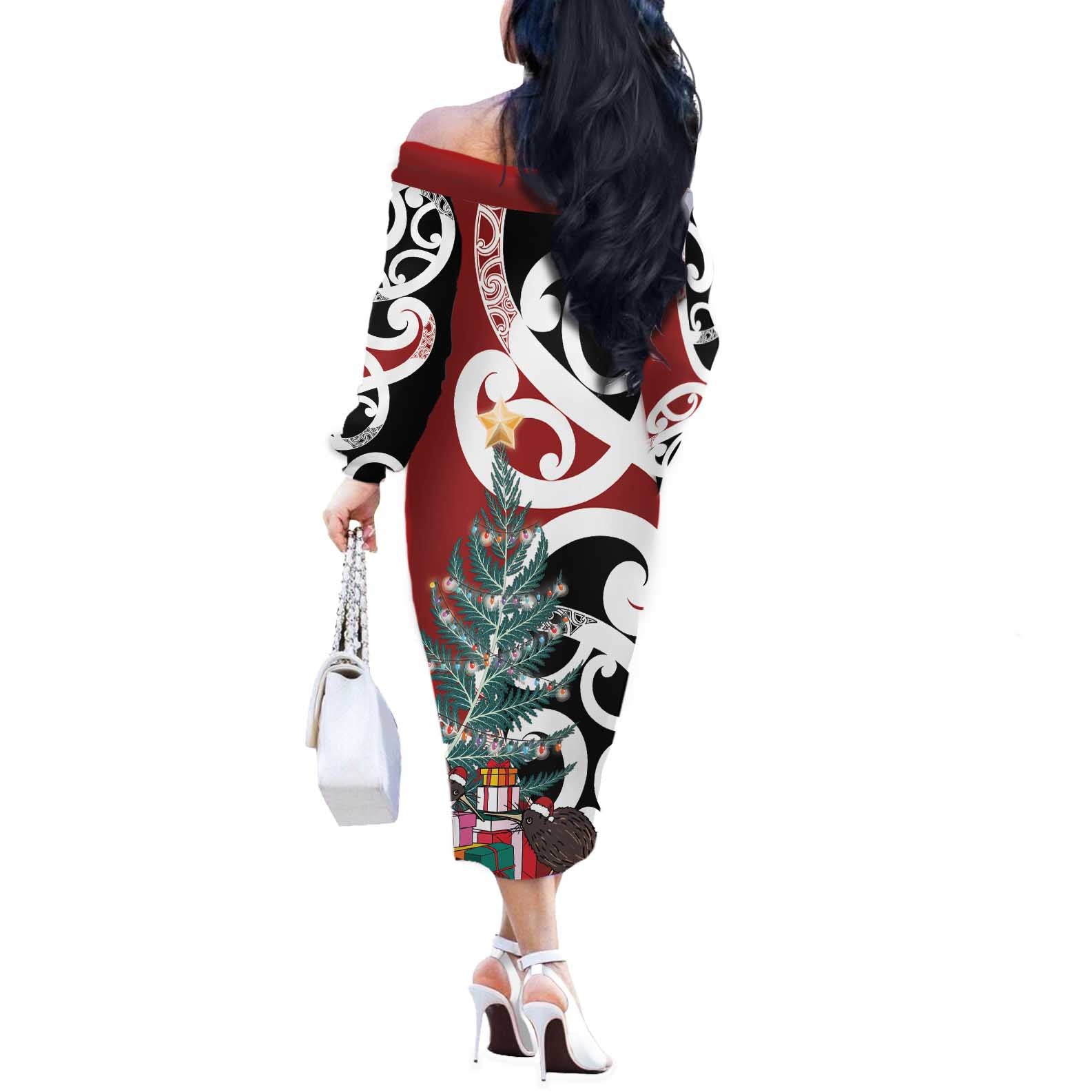 New Zealand Silver Fern Christmas Tree Off The Shoulder Long Sleeve Dress Meri Kirihimete - Aussie Hoodie