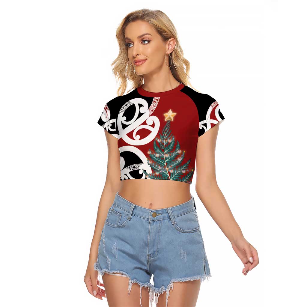New Zealand Silver Fern Christmas Tree Raglan Cropped T Shirt Meri Kirihimete - Aussie Hoodie