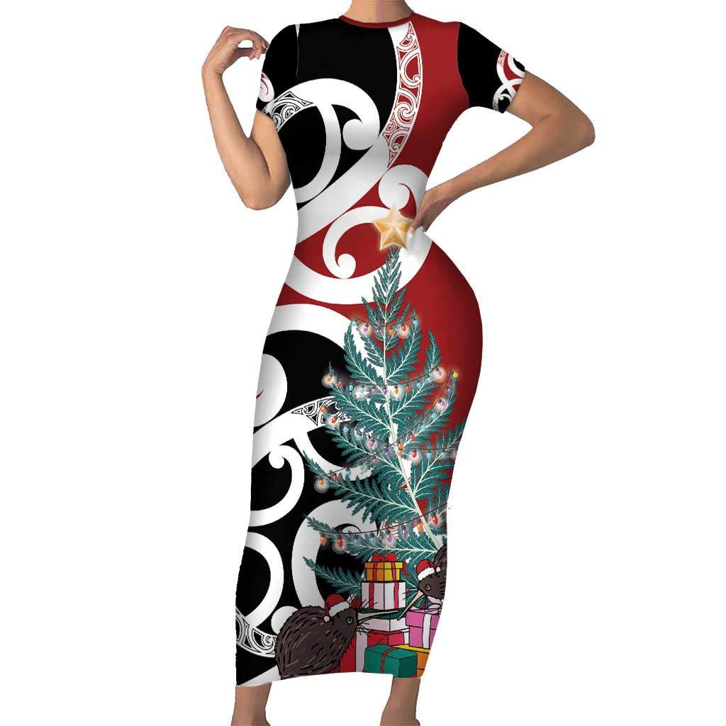 New Zealand Silver Fern Christmas Tree Short Sleeve Bodycon Dress Meri Kirihimete - Aussie Hoodie