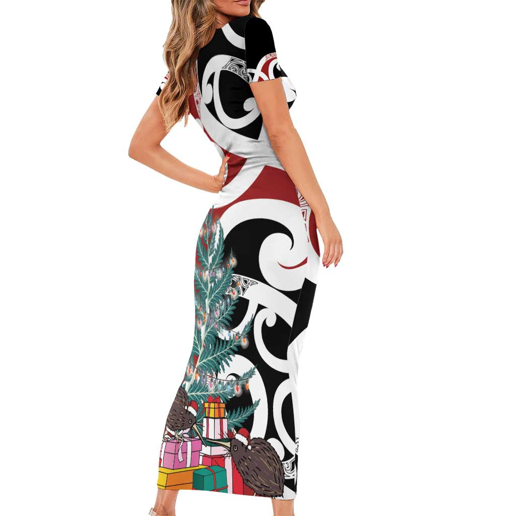 New Zealand Silver Fern Christmas Tree Short Sleeve Bodycon Dress Meri Kirihimete - Aussie Hoodie