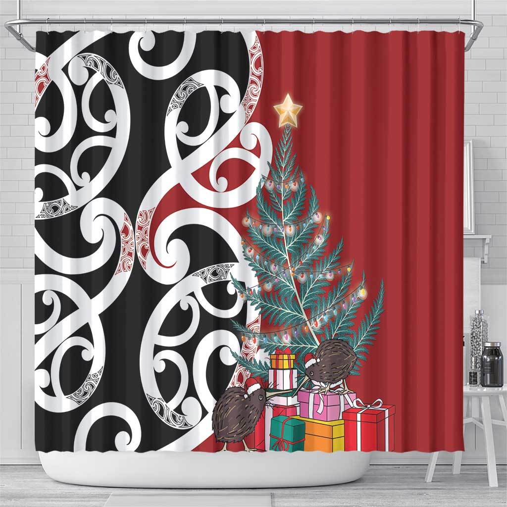 New Zealand Silver Fern Christmas Tree Shower Curtain Meri Kirihimete - Aussie Hoodie