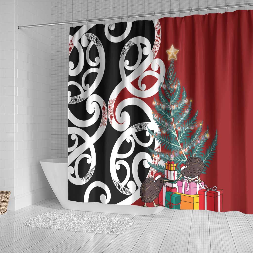 New Zealand Silver Fern Christmas Tree Shower Curtain Meri Kirihimete - Aussie Hoodie