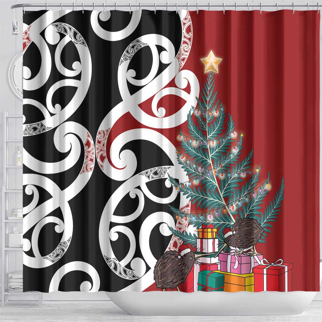 New Zealand Silver Fern Christmas Tree Shower Curtain Meri Kirihimete - Aussie Hoodie