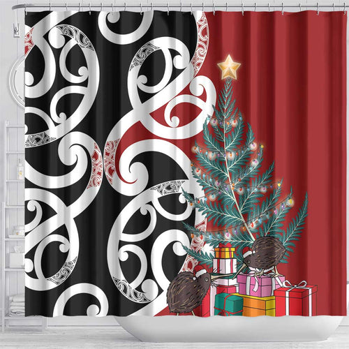 New Zealand Silver Fern Christmas Tree Shower Curtain Meri Kirihimete - Aussie Hoodie