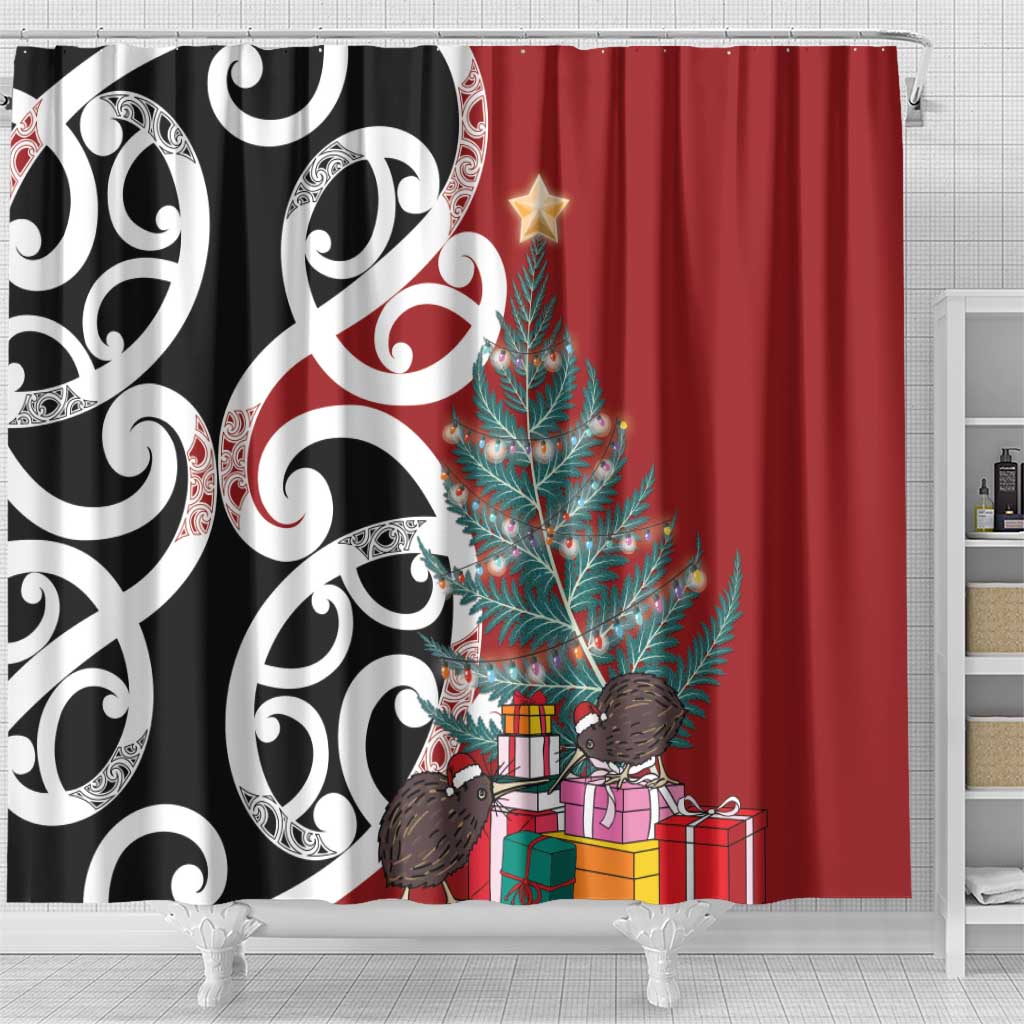 New Zealand Silver Fern Christmas Tree Shower Curtain Meri Kirihimete - Aussie Hoodie
