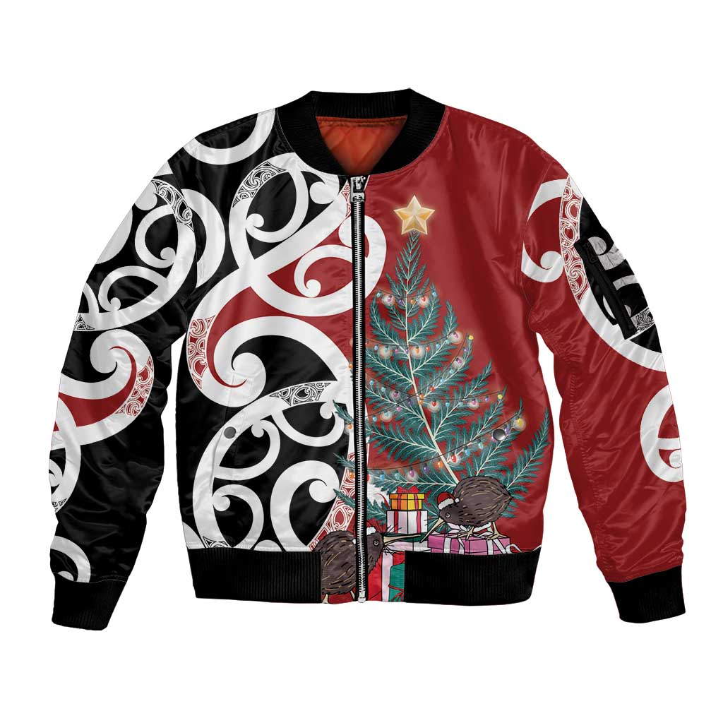 New Zealand Silver Fern Christmas Tree Sleeve Zip Bomber Jacket Meri Kirihimete - Aussie Hoodie