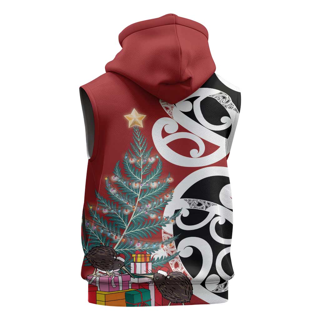 New Zealand Silver Fern Christmas Tree Sleeveless Hoodie Meri Kirihimete - Aussie Hoodie