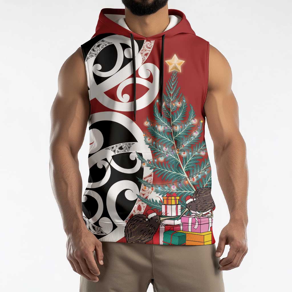 New Zealand Silver Fern Christmas Tree Sleeveless Hoodie Meri Kirihimete - Aussie Hoodie