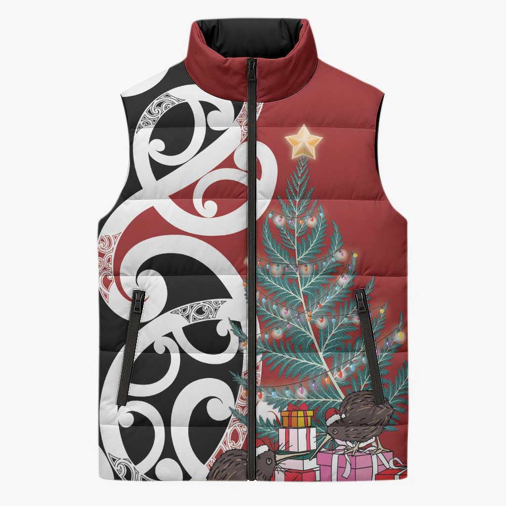 New Zealand Silver Fern Christmas Tree Sleeveless Puffer Jacket Meri Kirihimete - Aussie Hoodie