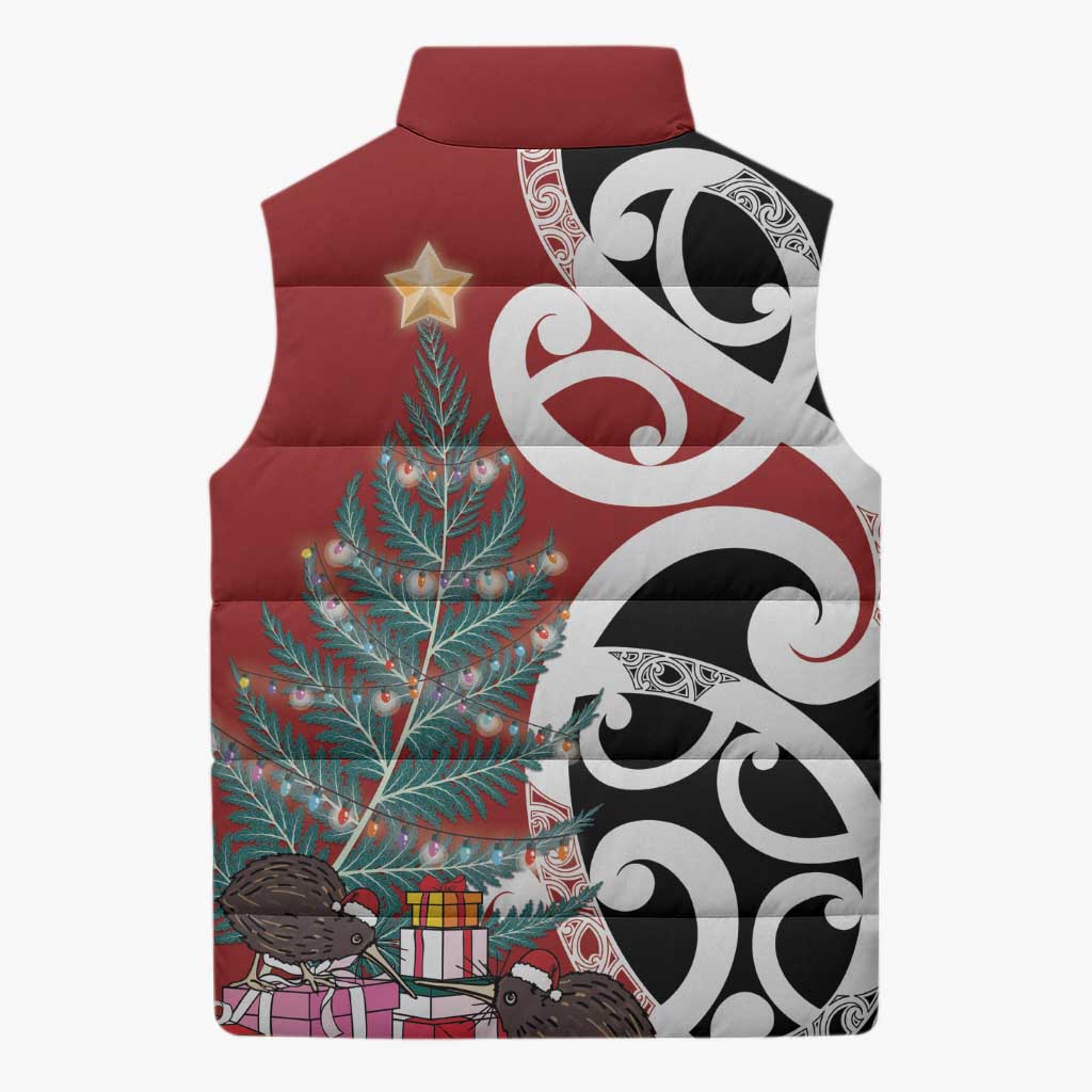 New Zealand Silver Fern Christmas Tree Sleeveless Puffer Jacket Meri Kirihimete - Aussie Hoodie