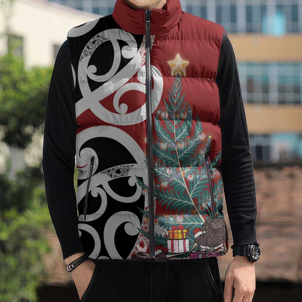 New Zealand Silver Fern Christmas Tree Sleeveless Puffer Jacket Meri Kirihimete - Aussie Hoodie