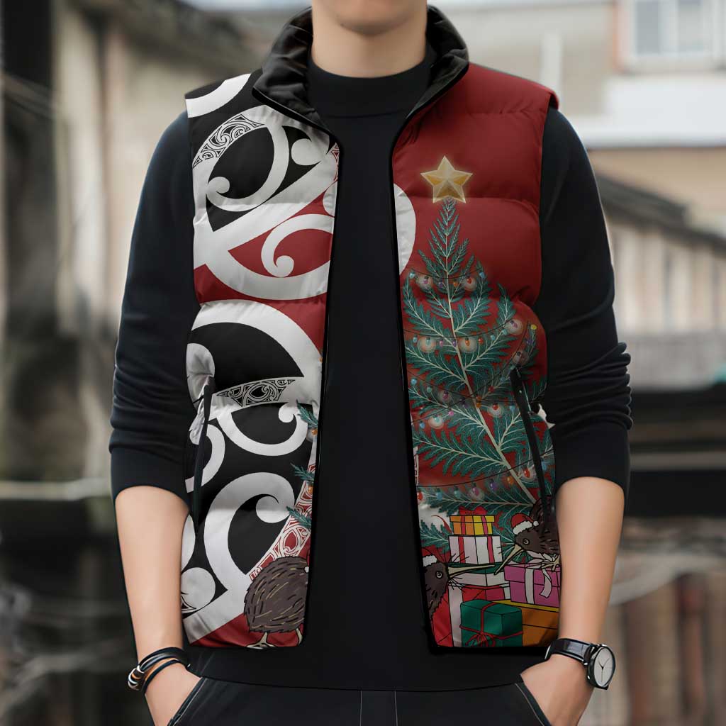 New Zealand Silver Fern Christmas Tree Sleeveless Puffer Jacket Meri Kirihimete - Aussie Hoodie