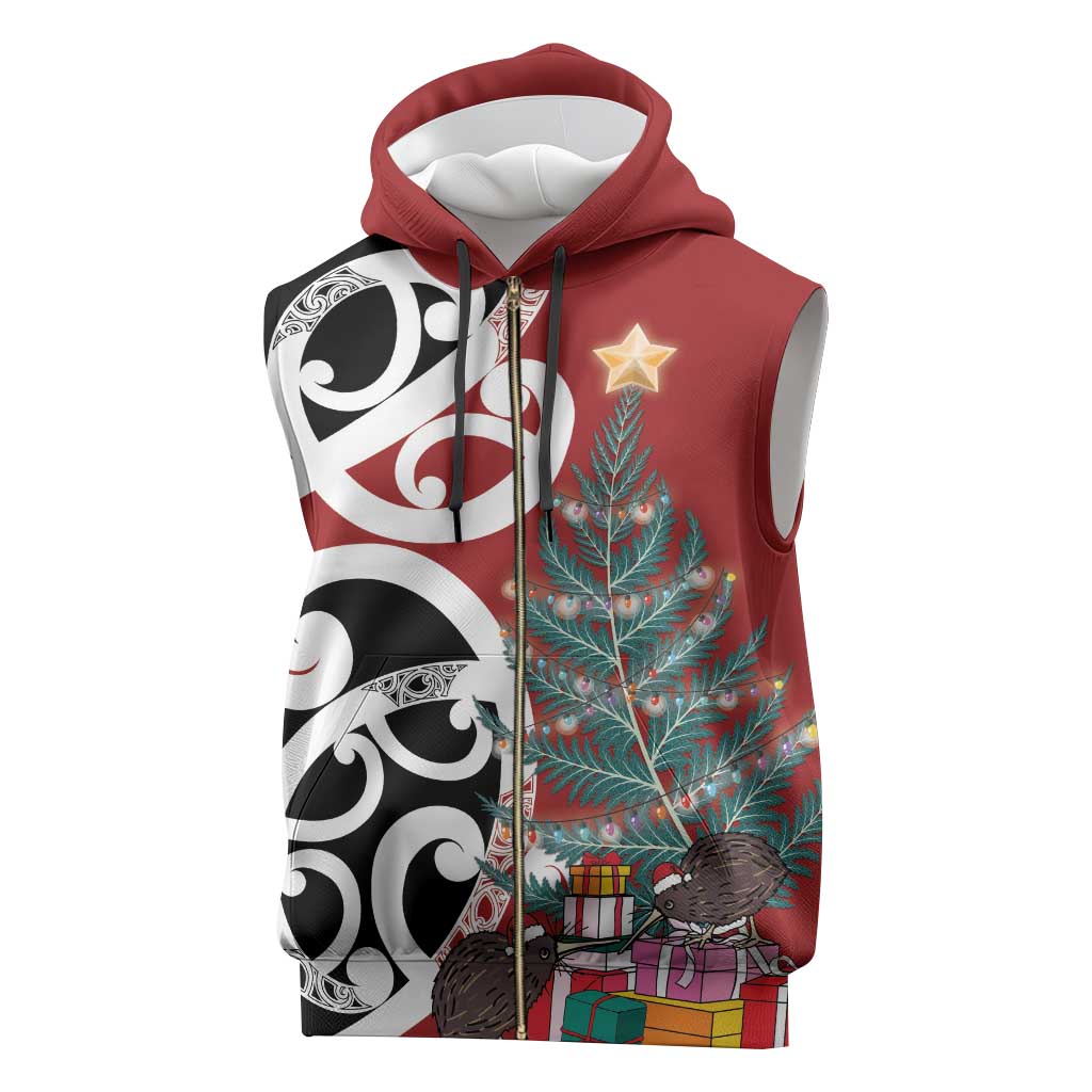 New Zealand Silver Fern Christmas Tree Sleeveless Zip Hoodie Meri Kirihimete - Aussie Hoodie