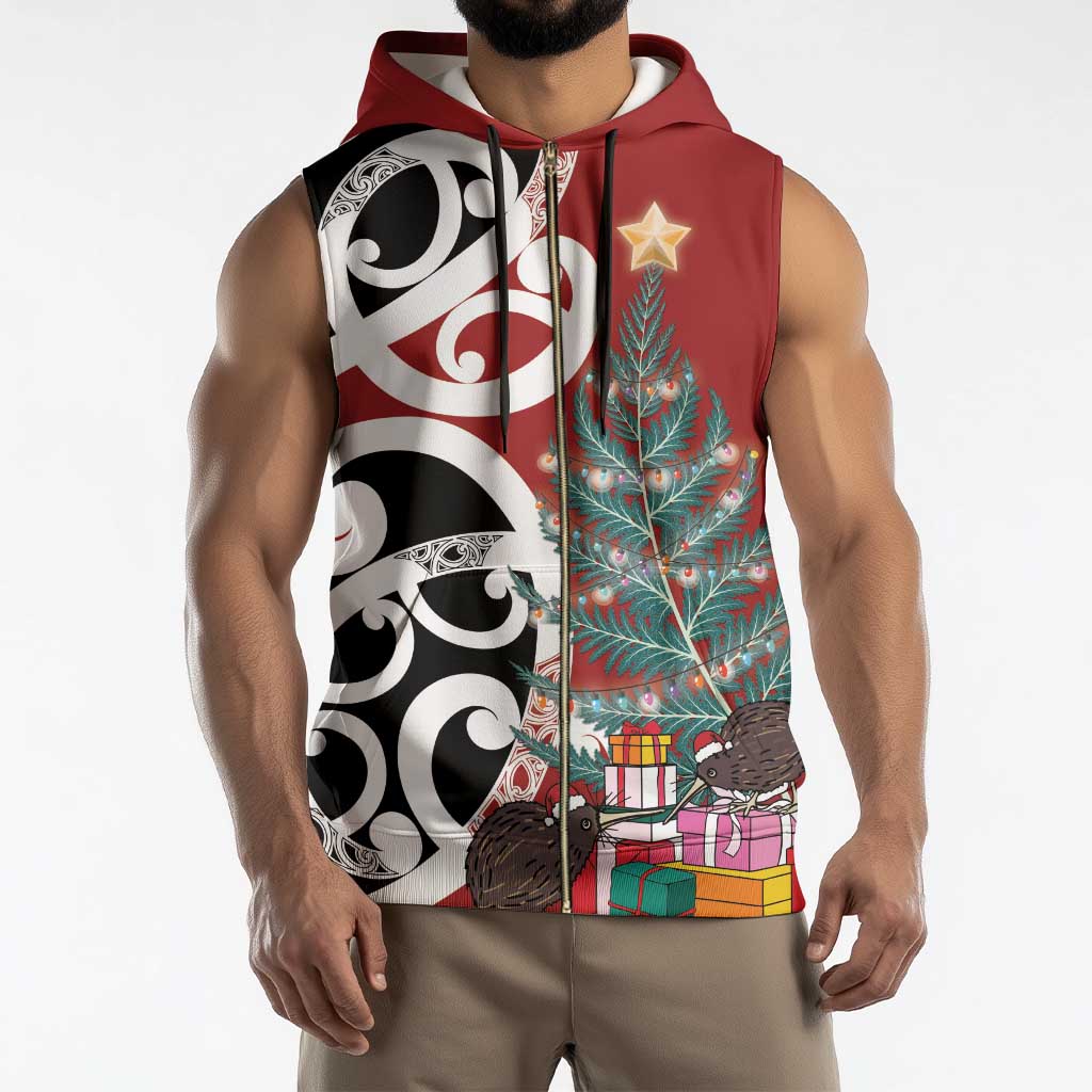 New Zealand Silver Fern Christmas Tree Sleeveless Zip Hoodie Meri Kirihimete - Aussie Hoodie