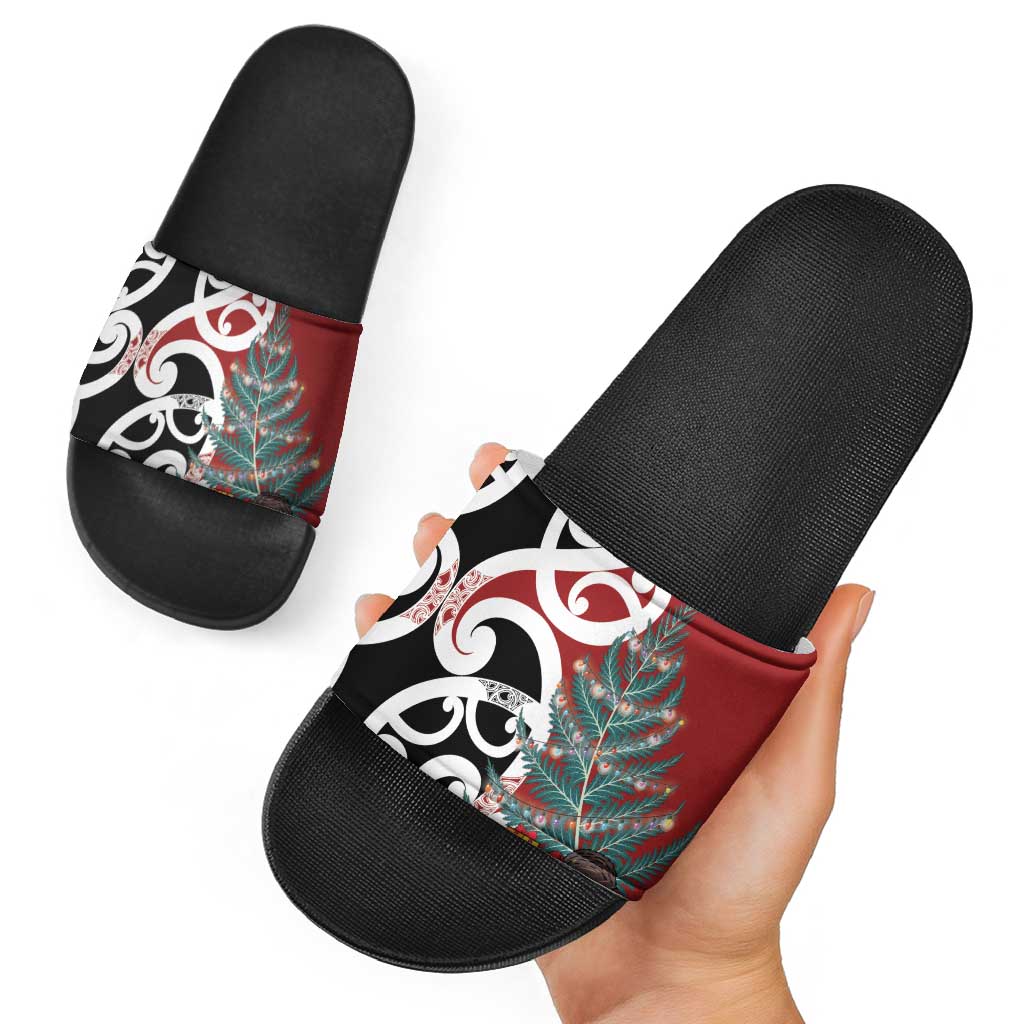 New Zealand Silver Fern Christmas Tree Slide Sandals Meri Kirihimete - Aussie Hoodie