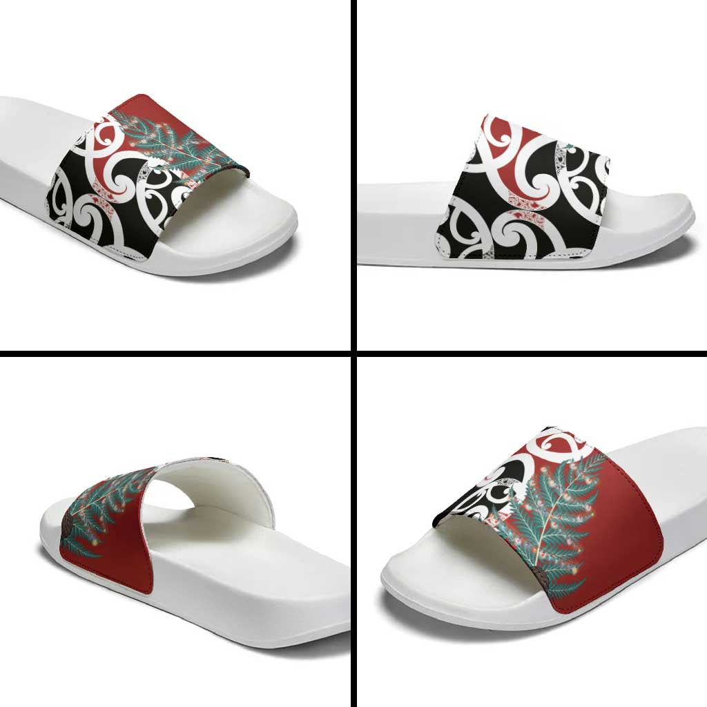 New Zealand Silver Fern Christmas Tree Slide Sandals Meri Kirihimete - Aussie Hoodie