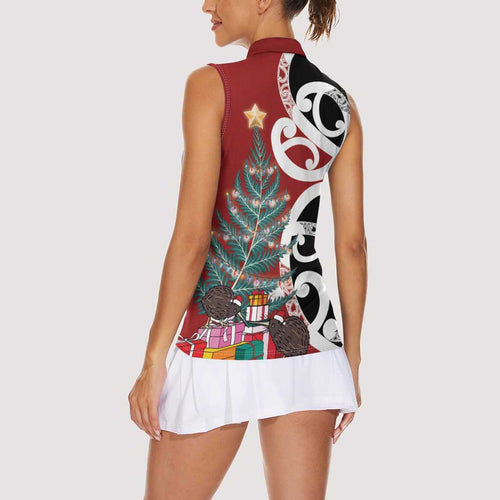 New Zealand Silver Fern Christmas Tree Women Sleeveless Polo Shirt Meri Kirihimete - Aussie Hoodie