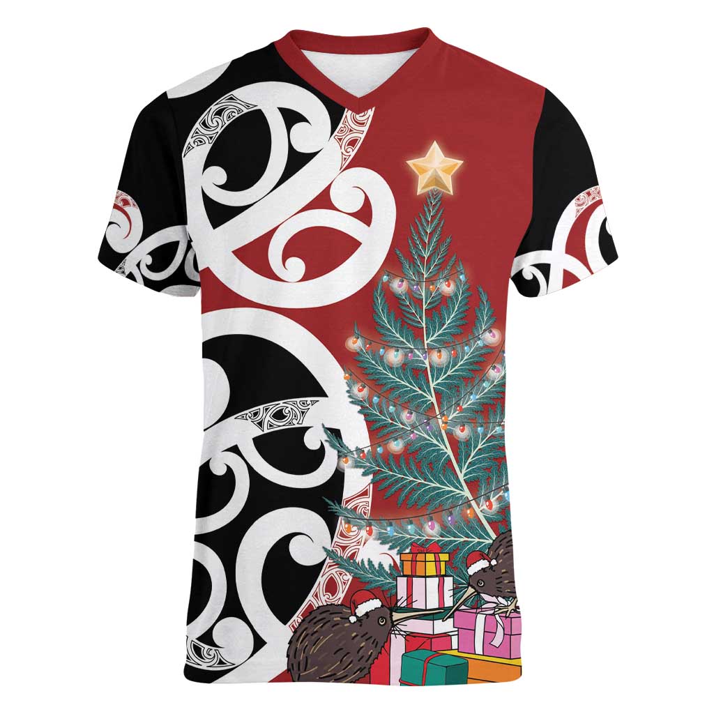 New Zealand Silver Fern Christmas Tree Women V-Neck T-Shirt Meri Kirihimete - Aussie Hoodie